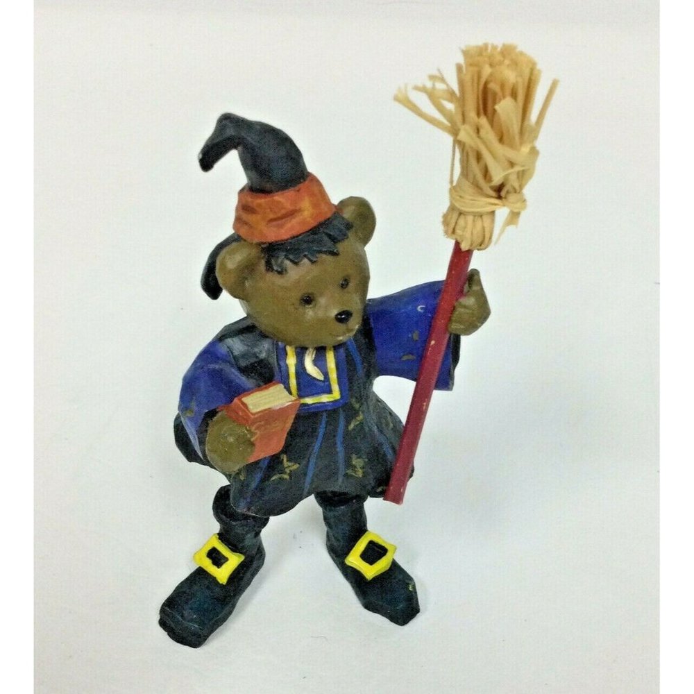 Halloween Teddy Bear Witch Resin Figure Figurine Broom Spells Book Decor 5" B - Picture 1 of 5
